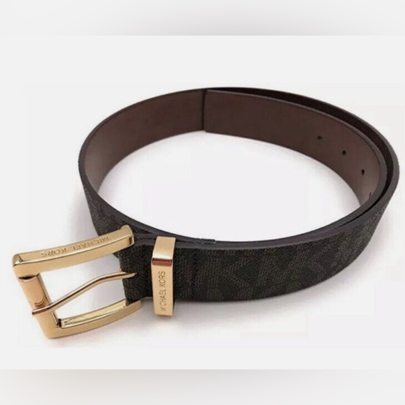 MICHAEL Michael Kors Accessories - MICHAEL KORS BELT CHOCOLATE MK PRINTED LOGO GOLD SIZE MEDIUM